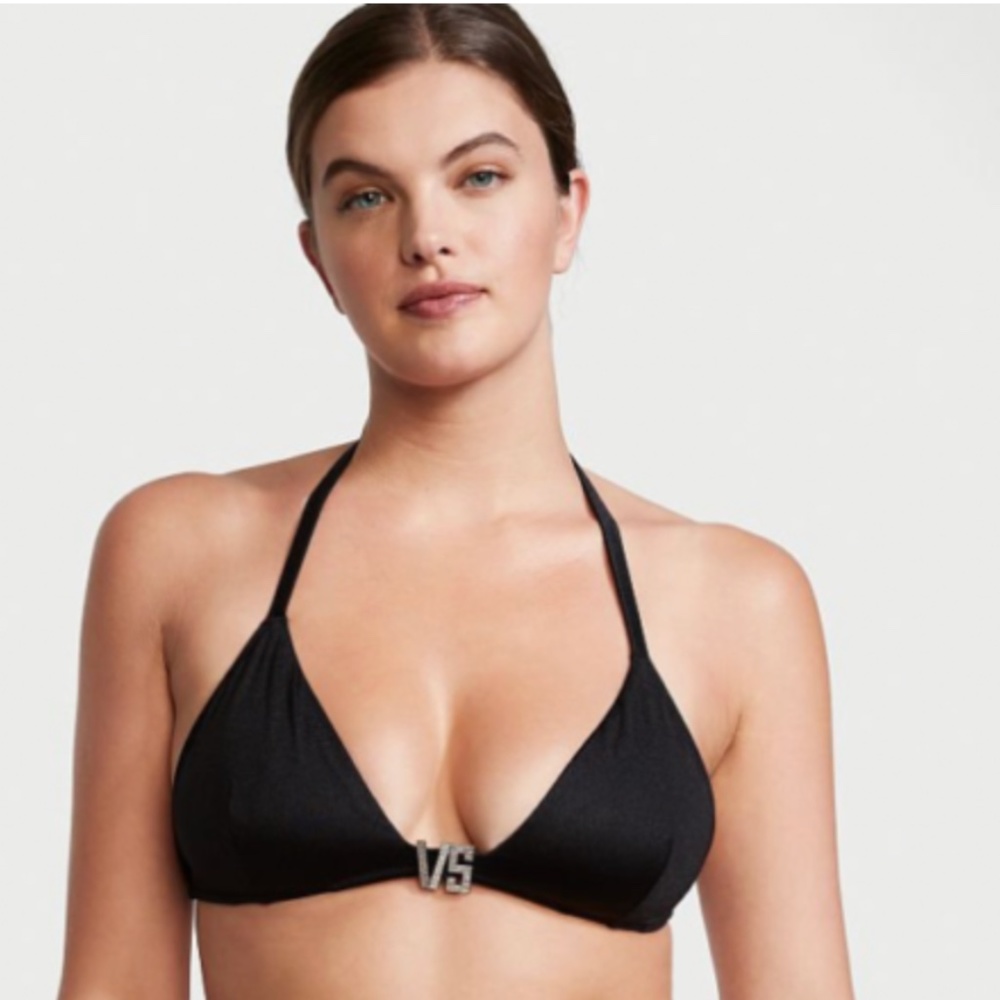 NWT VICTORIA'S SECRET VS Shine Hardware Halter Bikini Top Black